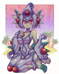 Rule 34 | 1girl, artist request, clothing cutout, digimon, digimon (creature), fins, frog girl, full body, helmet, highres, monster girl, navel cutout, one-piece swimsuit, ranamon, swimsuit, wide hips