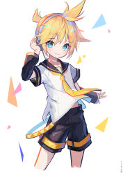 Rule 34 | 1boy, black shorts, black sleeves, blonde hair, blue eyes, closed mouth, commentary, cropped legs, detached sleeves, headset, highres, kagamine len, light blush, looking at viewer, male focus, neckerchief, nisokurui, open hand, sailor collar, shirt, short hair, short sleeves, shorts, simple background, smile, solo, vocaloid, white shirt, wide sleeves, wind, wind lift, yellow neckerchief