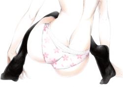 Rule 34 | 1girl, ass, back, black thighhighs, feet, head out of frame, lower body, out of frame, over-kneehighs, panties, print panties, simple background, sitting, solo, sousou (sousouworks), thighhighs, topless, underwear