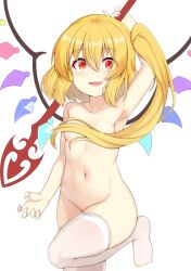 Rule 34 | 1girl, akasaka sato, areola slip, arm above head, armpits, blonde hair, breasts, convenient censoring, fang, flandre scarlet, laevatein (touhou), leg up, looking at viewer, multicolored wings, navel, nude, one side up, red eyes, side ponytail, simple background, small breasts, smile, stomach, thighhighs, touhou, white background, wings