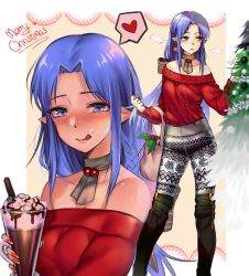 Rule 34 | 1girl, absurdres, alternate costume, blouse, blue eyes, blue hair, blush, braid, bsapricot, christmas ornaments, commentary, earrings, english commentary, fate/stay night, fate (series), food, food on face, heart, highres, jewelry, licking lips, long hair, long sleeves, medea (fate), multiple views, nail polish, off shoulder, parfait, pointy ears, red shirt, shirt, speech bubble, spoken heart, tongue, tongue out