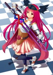 Rule 34 | &gt;:), 1girl, armor, black thighhighs, grin, headgear, highres, holding, knight (ragnarok online), kurohachiboku, long hair, looking at viewer, lord knight (ragnarok online), pleated skirt, ragnarok online, red eyes, red hair, skirt, smile, solo, sword, thighhighs, v-shaped eyebrows, weapon, zettai ryouiki