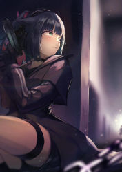 Rule 34 | 1girl, absurdres, against wall, animal ears, arknights, black choker, black gloves, black hair, black jacket, black shorts, blunt bangs, blush, cat ears, chain, choker, closed mouth, ear protection, gloves, green eyes, gun, hallway, handgun, highres, holding, holding gun, holding weapon, indoors, jacket, jessica (arknights), long sleeves, looking back, multicolored hair, pistol, ponytail, red hair, short shorts, shorts, silhouette, sitting, solo focus, thigh strap, two-tone hair, weapon