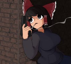 Rule 34 | 1girl, black eyes, black hair, black hoodie, bow, breasts, brick wall, cigarette, commentary request, cookie (touhou), frilled bow, frilled hair tubes, frills, gun, hair bow, hair tubes, hakurei reimu, handgun, holding, holding gun, holding weapon, hood, hood down, hoodie, large breasts, long sleeves, maru (cookie), open mouth, pistol, red bow, short hair, smoking, solo, surauta, touhou, upper body, weapon