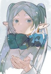 Rule 34 | 1girl, blue scarf, closed mouth, coat, commentary, earrings, elf, expressionless, frieren, green eyes, hand up, haxinssy, highres, jewelry, long hair, looking at viewer, parted bangs, pointy ears, scarf, solo, sousou no frieren, symbol-only commentary, twintails, upper body, white coat, white hair, winter clothes
