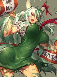 Rule 34 | 1girl, angry, bouncing breasts, breasts, contrapposto, dress, ex-keine, fang, female focus, green dress, green hair, highres, horn ornament, horn ribbon, horns, huge breasts, kamishirasawa keine, long hair, looking at viewer, melon22, multicolored hair, open mouth, red eyes, red ribbon, ribbon, short dress, solo, standing, touhou, two-tone hair, white hair
