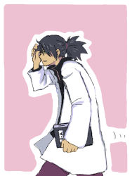 Rule 34 | 00s, 1boy, black hair, book, coat, green eyes, lab coat, male focus, official alternate costume, pink background, ponytail, raven (tales), solo, tales of (series), tales of vesperia