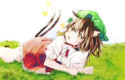 Rule 34 | 1girl, animal ears, bad id, bad twitter id, brown eyes, brown hair, bug, butterfly, cat ears, cat tail, chen, dress, grass, hat, highres, insect, koyomiyoko o, looking up, lying, mob cap, multiple tails, nekomata, on ground, on side, one-hour drawing challenge, outdoors, red dress, short hair, solo, tail, touhou, two tails