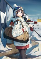 Rule 34 | 1girl, :d, absurdres, bag, beanie, black hair, black pantyhose, blue eyes, blue sky, blush, cloud, day, enuni, feet out of frame, goggles, goggles on head, hair ornament, hairclip, hat, highres, jacket, long sleeves, open mouth, original, outdoors, pantyhose, red sweater, sky, sleeves past wrists, smile, snow, solo, sweater, swept bangs, walking, white hat, white jacket