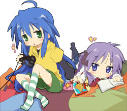 Rule 34 | 00s, 2girls, ^^^, ahoge, blue eyes, blue hair, blush, book, cable, controller, full body, game controller, green eyes, hiiragi kagami, holding, ixy, izumi konata, looking at viewer, lucky star, lying, mole, mole under eye, multiple girls, on stomach, open book, pillow, playing games, reading, sidelocks, video game