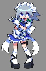 Rule 34 | 1girl, black footwear, blue eyes, bow, full body, gloves, green bow, grey background, hair bow, highres, holding, holding knife, izayoi sakuya, knife, looking at viewer, maid, maid headdress, open mouth, over-kneehighs, short hair, simple background, solo, teeth, texusa1, thighhighs, touhou, upper teeth only, white gloves