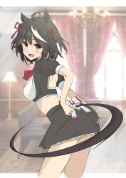 Rule 34 | 1girl, absurdres, ahoge, alternate costume, alternate eye color, animal ears, arms behind back, black hair, black shirt, black skirt, blurry, blurry background, blush, brown eyes, chandelier, clothing cutout, commentary request, crop top, cropped shirt, curtains, dining room, double-parted bangs, from behind, hair between eyes, highres, horse ears, horse girl, horse tail, indoors, kitasan black (umamusume), lamp, leaning forward, letterboxed, maid, midriff, miniskirt, multicolored hair, open mouth, puffy short sleeves, puffy sleeves, sanche (3che3), shirt, short sleeves, skirt, smile, solo, streaked hair, tail, tail through clothes, two-tone hair, two side up, umamusume, unconventional maid, white hair
