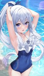 Rule 34 | 1girl, :o, absurdres, adjusting hair, armpits, arms up, beach, blue archive, blue one-piece swimsuit, blush, bow, collarbone, covered navel, frilled one-piece swimsuit, frills, grey hair, hair bow, halo, highres, kurone (kurone ryuo), long hair, looking at viewer, miyako (blue archive), miyako (swimsuit) (blue archive), official alternate costume, one-piece swimsuit, ponytail, purple eyes, solo, swimsuit, very long hair
