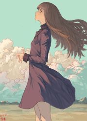 Rule 34 | 10s, 1girl, 2016, absurdres, artist name, brown hair, cloud, dated, day, highres, long hair, original, pantyhose, signature, sky, solo, standing, zennosuke