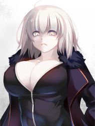 Rule 34 | 1girl, ahoge, black coat, black jacket, breasts, cleavage, coat, fate/grand order, fate (series), fur trim, highres, jacket, jeanne d&#039;arc (fate), jeanne d&#039;arc alter (fate), jeanne d&#039;arc alter (ver. shinjuku 1999) (fate), jewelry, large breasts, long sleeves, looking at viewer, necklace, official alternate costume, parted lips, shiki (psychedelic g2), silver hair, solo, unzipped, upper body, yellow eyes