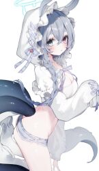 Rule 34 | 1girl, absurdres, animal ears, ass, blue eyes, blush, bow, braid, breasts, cleavage, crop top, from side, grey hair, hair between eyes, halo, heterochromia, highres, hood, hood up, long hair, long sleeves, looking at viewer, medium breasts, micro shorts, original, parted lips, pink eyes, rabbit ears, red eyes, shirt, short shorts, shorts, simple background, single braid, sleeves past wrists, solo, tail, tamafurin, tentacles, thighs, white background, white shirt