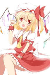 Rule 34 | 1girl, back bow, backlighting, blonde hair, blush, bow, breasts, collared shirt, crystal, feet out of frame, flandre scarlet, frilled shirt collar, frilled skirt, frilled sleeves, frills, hair between eyes, hat, hat bow, hat ribbon, head tilt, looking at viewer, medium hair, mob cap, multicolored wings, one side up, open mouth, puffy short sleeves, puffy sleeves, red bow, red eyes, red ribbon, red skirt, red vest, ribbon, ribbon-trimmed headwear, ribbon trim, shirt, short sleeves, simple background, skirt, skirt set, sleeve ribbon, small breasts, solo, touhou, vest, white background, white bow, white hat, white shirt, wings, wrist cuffs, yuri (yuyuryu1)