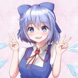 Rule 34 | 1girl, absurdres, blue bow, blue dress, blue eyes, blue hair, bow, breasts, cirno, collared shirt, detached wings, double v, dress, hair between eyes, hair bow, highres, ice, ice wings, looking at viewer, neck ribbon, open mouth, pinafore dress, pink background, puffy short sleeves, puffy sleeves, red ribbon, ribbon, rretailingg (12044503), shirt, short sleeves, simple background, sleeveless, sleeveless dress, small breasts, smile, solo, teeth, touhou, upper body, upper teeth only, v, white shirt, wings