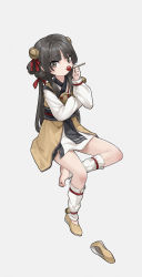 Rule 34 | 1girl, bell, black hair, brown eyes, brown footwear, candy, food, full body, grey background, hair bell, hair ornament, hair ribbon, highres, holding, holding candy, holding food, holding lollipop, japanese clothes, jingle bell, kimono, lollipop, long hair, long sleeves, looking at viewer, low twintails, original, puffy long sleeves, puffy sleeves, red ribbon, ribbon, shoes, short eyebrows, sidelocks, simple background, single shoe, sitting, sleeves past wrists, solo, thick eyebrows, twintails, unworn shoe, unworn shoes, very long hair, white kimono, white ph