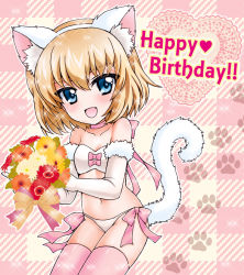 Rule 34 | 1girl, :d, animal ears, bikini, blonde hair, blue eyes, bouquet, breasts, cat ears, cat tail, checkered background, choker, commentary, cowboy shot, doily, elbow gloves, fake animal ears, fake tail, fang, flower, fur-trimmed gloves, fur trim, girls und panzer, gloves, happy birthday, holding, holding bouquet, katyusha (girls und panzer), kuromori yako, looking at viewer, navel, open mouth, paw print, pink background, pink choker, pink thighhighs, short hair, side-tie bikini bottom, small breasts, smile, solo, sparkle, standing, strapless, strapless bikini, swimsuit, tail, thighhighs, white bikini, white gloves