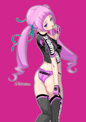 Rule 34 | 1girl, ass, bike jersey, bikini, bikini bottom only, black thighhighs, blush, breasts, covered erect nipples, crop top, fingerless gloves, gloves, hair ribbon, hitomi kazuya, long hair, looking at viewer, looking back, original, paw print, pink hair, purple eyes, ribbon, simple background, small breasts, solo, swimsuit, thighhighs, twintails, twitter username