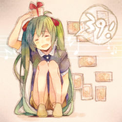 Rule 34 | 1girl, 39, bad id, bad pixiv id, closed eyes, gift, green hair, hatsune miku, long hair, musical note, object on head, open mouth, ousaka nozomi, solo, squatting, twintails, very long hair, vocaloid