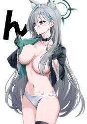 Rule 34 | 1girl, absurdres, animal ears, black choker, black jacket, blue archive, blue eyes, breasts, choker, commentary request, cross hair ornament, grey hair, hair censor, hair ornament, hair over breasts, hair over one breast, halo, highres, jacket, large breasts, long hair, looking at viewer, navel, open clothes, open jacket, panties, pizzasi, shiroko terror (blue archive), simple background, solo, thigh strap, thighs, underwear, white background, white panties