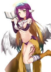 Rule 34 | 1girl, arm tattoo, asymmetrical legwear, bare shoulders, between breasts, book, breasts, bridal gauntlets, brown eyes, brown footwear, brown hair, closed mouth, spiked halo, from side, gradient hair, green hair, groin, halo, highres, holding, holding book, jibril (no game no life), kneehighs, large breasts, leg tattoo, leg up, long hair, low wings, mismatched legwear, multicolored hair, navel, no game no life, open book, pixel (yuxian), purple hair, simple background, single kneehigh, single sock, single thighhigh, smile, socks, solo, standing, standing on one leg, tattoo, thighhighs, very long hair, white background, white wings, wings