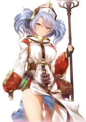 Rule 34 | 10s, 1girl, arm at side, bag, belt, blue hair, blush, breasts, buckle, closed mouth, cowboy shot, cross, drawstring bag, earrings, fingerless gloves, gloves, granblue fantasy, hair between eyes, hair ornament, hat, holding, holding staff, jewelry, large breasts, legs apart, long hair, long sleeves, looking at viewer, pelvic curtain, ring, shade, simple background, smile, solo, sophia (granblue fantasy), staff, test tube, turtleneck, twintails, white background, yaman (yamanta lov), yellow eyes