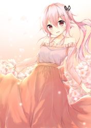 Rule 34 | 1girl, absurdres, bare shoulders, casual, cherry blossoms, collarbone, commentary request, dress, earrings, floral background, flower, gradient background, hair flower, hair ornament, hairclip, harusame (kancolle), highres, jewelry, kantai collection, long dress, long hair, long sleeves, looking at viewer, open mouth, petals, pink eyes, pink hair, see-through, side ponytail, smile, solo, standing, uzuki tsukuyo