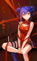 Rule 34 | 1girl, absurdres, arknights, blue hair, bracelet, ch&#039;en (ageless afterglow) (arknights), ch&#039;en (arknights), china dress, chinese clothes, cleavage cutout, clothing cutout, double bun, dress, hair bun, happyongdal, high heels, highres, horns, jewelry, red eyes, shorts under dress, sitting