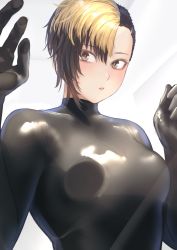Rule 34 | 1girl, :o, against glass, bodysuit, breast press, breasts on glass, highres, kilye kairi, latex, latex bodysuit, looking at viewer, multicolored hair, original, shiny clothes, short hair, skin tight, solo, two-tone hair, yellow eyes