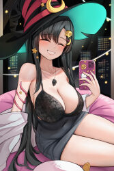 Rule 34 | 1girl, absurdres, alternate costume, black bra, black hair, black hat, black skirt, blue archive, blush, bra, breasts, cellphone, cleavage, closed eyes, collarbone, crescent, crescent hat ornament, fluffyebi01, grin, hair ornament, hairclip, halloween, halloween costume, hat, hat ornament, highres, holding, holding phone, ichika (blue archive), large breasts, long hair, phone, skirt, smartphone, smile, solo, star (symbol), star hat ornament, underwear, witch hat