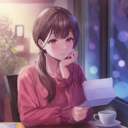 Rule 34 | 1girl, brown hair, chair, cup, envelope, fingernails, hand on own chin, head rest, highres, holding, holding letter, indoors, letter, lips, long sleeves, low ponytail, original, reading, sakamuke, sitting, solo, table, upper body, window