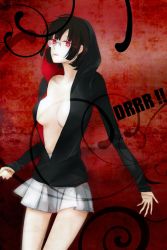 Rule 34 | 1girl, bad id, bad pixiv id, black hair, bob cut, breasts, cleavage, durarara!!, glasses, hood, hoodie, open clothes, open shirt, pleated skirt, red eyes, shirt, short hair, skirt, solo, sonohara anri, yoursincere