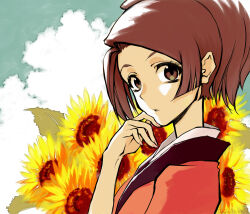 Rule 34 | 1girl, blue sky, brown eyes, brown hair, cloud, commentary, fingernails, flower, fuu (samurai champloo), hand up, highres, japanese clothes, kawazu (kwzuuun), kimono, looking at viewer, nail polish, parted lips, pink kimono, pink nails, samurai champloo, sky, solo, sunflower, upper body
