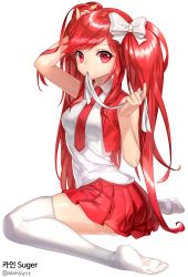 Rule 34 | 1girl, aken, bow, breasts, elsword, hair bow, hand in own hair, highres, kneeling, long hair, looking at viewer, mouth hold, necktie, pleated skirt, red eyes, red hair, red necktie, red skirt, red vest, shirt, sitting, skirt, solo, thighhighs, very long hair, vest, wariza, white bow, white shirt, white thighhighs