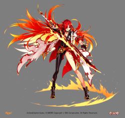 Rule 34 | 1girl, artist request, asymmetrical clothes, belt, black footwear, black neckwear, braid, choker, closed mouth, coat, elesis (elsword), elsword, flame lord (elsword), full body, gloves, hair over one eye, highres, holding, holding sword, holding weapon, long hair, looking to the side, official art, red eyes, red hair, shoes, single pantsleg, skin tight, smile, solo, standing, sword, tattoo, weapon, white coat