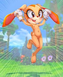Rule 34 | 1girl, animal ears, brown eyes, cleft of venus, cream the rabbit, female focus, flat chest, full body, furry, gloves, navel, nude, outdoors, rabbit ears, sega, smile, solo, sonic (series), tlacuicani