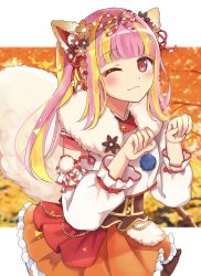 Rule 34 | 1girl, alternate costume, animal ear fluff, animal ears, arms up, autumn, autumn leaves, bang dream!, blonde hair, blunt bangs, blurry, blurry background, blush, bow, brown flower, closed mouth, commentary, cowboy shot, damu (7spoil), detached sleeves, ear ribbon, eyeliner, fake animal ears, flower, fluffy, fox ears, fox tail, frilled skirt, frills, fur trim, gem, gold trim, hair flower, hair ornament, hair ribbon, highres, japanese clothes, jewelry, layered skirt, long hair, long sleeves, looking at viewer, makeup, multicolored hair, nyubara reona, one eye closed, orange flower, paw pose, pearl (gemstone), pink hair, pom pom (clothes), puffy sleeves, red eyes, red flower, red ribbon, ribbon, sidelocks, skirt, solo, striped ribbon, tail, tareme, tree, two-tone hair, wide sleeves