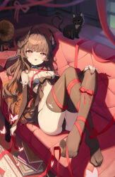 1girl absurdres ass babydoll bare_shoulders black_babydoll black_cat black_panties breasts bridal_gauntlets brown_hair brown_thighhighs cat couch cup curled_horns demon_girl demon_horns drinking_glass fangs heart heart-shaped_pupils highres horns keis_(locrian1357) lingerie long_hair looking_at_viewer lying multiple_tails nail_polish no_shoes on_back on_couch open_mouth original panties phonograph pointy_ears red_eyes red_nails red_ribbon ribbon small_breasts smile solo string_panties symbol-shaped_pupils tail thighhighs thighs two_tails underwear underwear_only wine_glass