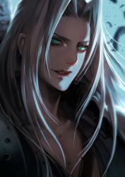 Rule 34 | 1boy, collarbone, falling feathers, feathers, final fantasy, final fantasy vii, final fantasy vii remake, green eyes, halu-ca, highres, long hair, male focus, open mouth, sephiroth, silver hair, solo, square enix, straight hair, wavy hair, wings