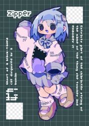 Rule 34 | 1girl, absurdres, black eyes, blue hair, brown footwear, commentary, english commentary, english text, fake transparency, gradient eyes, grey skirt, grid background, highres, hollow body, jacket, long sleeves, mole, mole under eye, multicolored eyes, neck ribbon, nikamoka, open mouth, original, oversized zipper, purple eyes, ribbon, roman numeral, shoes, skirt, sleeves past fingers, sleeves past wrists, socks, stitched face, stitches, tongue, white jacket, white socks