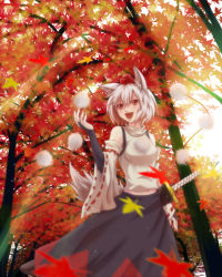 Rule 34 | 1girl, animal ears, bare shoulders, blush, breasts, bridal gauntlets, daburu, detached sleeves, female focus, forest, hat, highres, inubashiri momiji, leaf, maple leaf, nature, open mouth, outdoors, plant, red eyes, short hair, silver hair, solo, sword, tail, tokin hat, touhou, weapon, wolf ears, wolf tail