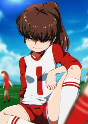 Rule 34 | 1girl, animification, arm rest, blue eyes, blue sky, blurry, brown hair, cloud, day, depth of field, freckles, hair over one eye, highres, jcm2, looking to the side, lynn loud, multiple girls, ponytail, short shorts, shorts, sitting, sky, smile, soccer uniform, socks, solo focus, sportswear, spread legs, the loud house