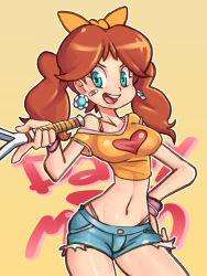 Rule 34 | 1girl, absurdres, aqua eyes, text background, bandaid, bandaid on face, beige background, bow, breasts, brown hair, casual, collarbone, contrapposto, cowboy shot, crop top, cutoffs, denim, denim shorts, dress, earrings, english text, flower, flower earrings, groin, hair bow, hand on own hip, hand up, heart, heart print, highleg, highleg panties, highres, holding, holding racket, jewelry, lips, long hair, looking at viewer, mario (series), medium breasts, midriff, nauth, nauthleroy, navel, nintendo, off shoulder, open mouth, orange bow, orange shirt, outline, panties, parted bangs, pink wristband, pocket, princess daisy, racket, shirt, short shorts, shorts, simple background, sleeveless, sleeveless dress, solo, standing, stomach, super mario land, taut clothes, taut shirt, teeth, tennis racket, tongue, twintails, underwear, upper teeth only, v-shaped eyebrows, white outline, wristband