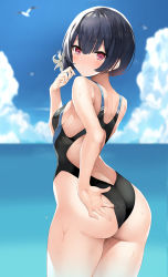 Rule 34 | 1girl, ass, bare shoulders, black one-piece swimsuit, blue hair, blurry, blurry background, blush, breasts, cloud, competition swimsuit, from behind, highres, idolmaster, idolmaster shiny colors, inuzumi masaki, looking at viewer, looking back, morino rinze, ocean, one-piece swimsuit, purple eyes, sky, small breasts, swimsuit, thighs, water