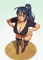 Rule 34 | 1girl, blouse, blue eyes, blue hair, breasts, cleavage, curvy, floor, glasses, hands on own hips, high heels, highres, hinata aki, keroro gunsou, large breasts, lipstick, looking at viewer, makeup, mature female, panties, ponytail, riz, shirt, solo, standing, thick thighs, thighhighs, thighs, underwear