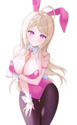 1girl absurdres ahoge akamatsu_kaede bare_shoulders blonde_hair breasts cleavage danganronpa_(series) danganronpa_v3:_killing_harmony fortissimo hair_ornament highres keke_(xfxyuio) leotard long_hair musical_note musical_note_hair_ornament pantyhose pink_eyes pink_leotard smile