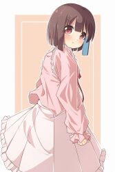 Rule 34 | 1girl, :t, annoyed, blue hair, blunt bangs, blunt ends, blush, brown eyes, brown hair, clenched hand, commentary, cosplay, frilled shirt collar, frilled skirt, frills, from behind, highres, hozuki momiji, long sleeves, looking at viewer, onii-chan wa oshimai!, outline, oyama mahiro, oyama mahiro (cosplay), pink shirt, pout, shirt, short sleeves, simple background, skirt, solo, white outline, white skirt, yairo ju